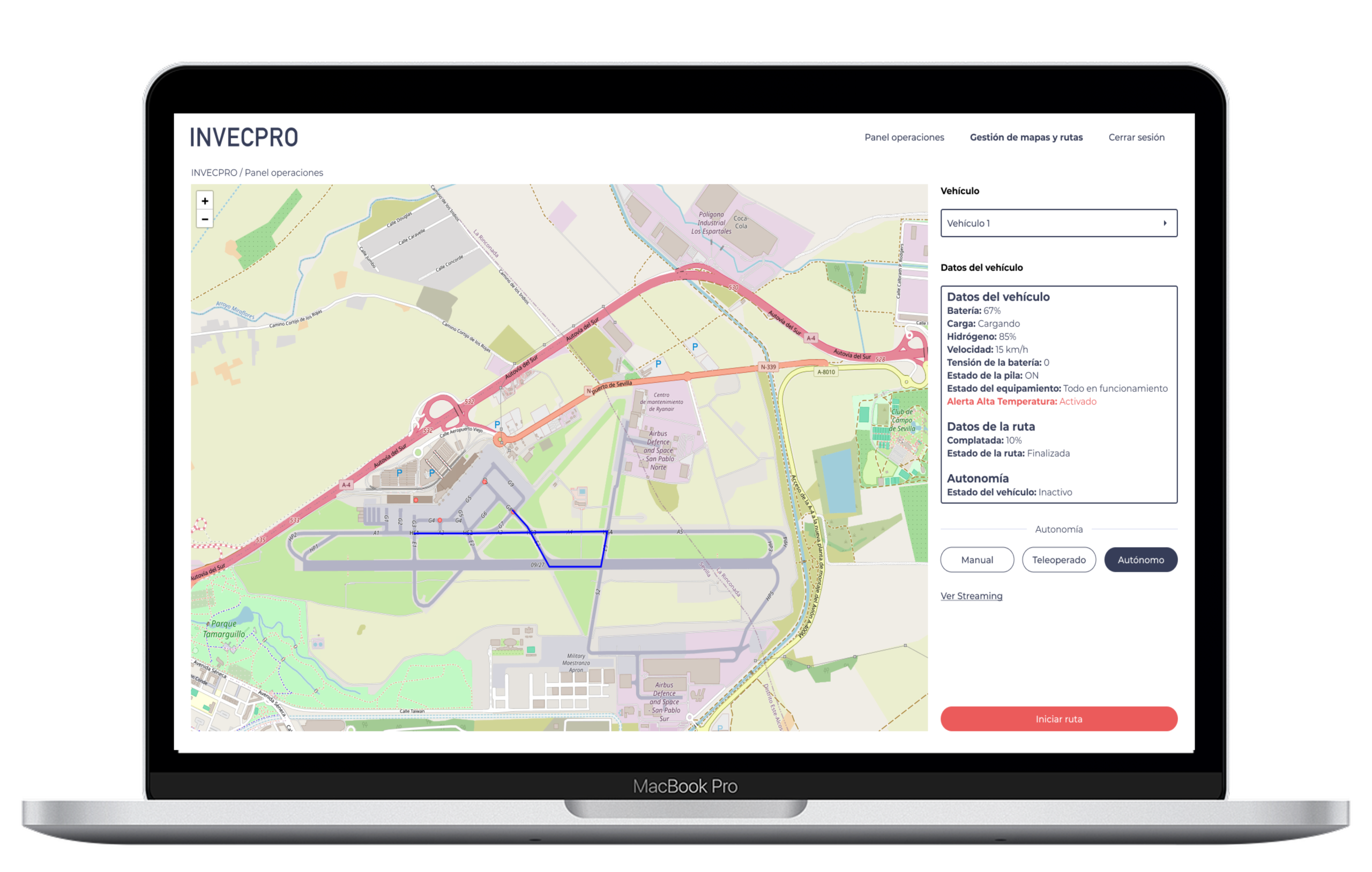 Panel digital de monitorización para supervisar la conducción autónoma de un vehículo aeroportuario.